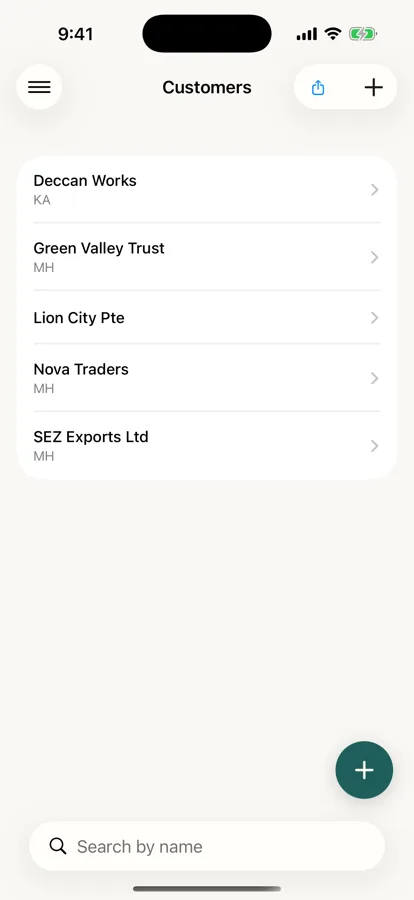 The customers list on iPhone, showing five customers with their tax regions.