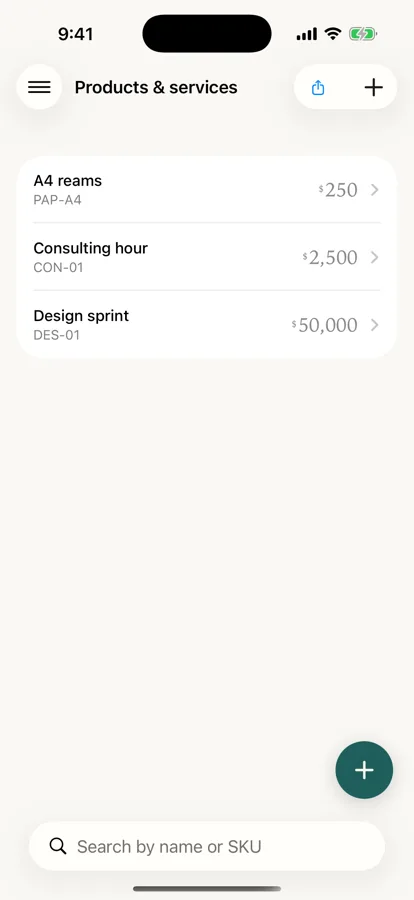 The products and services list on iPhone with saved rates.