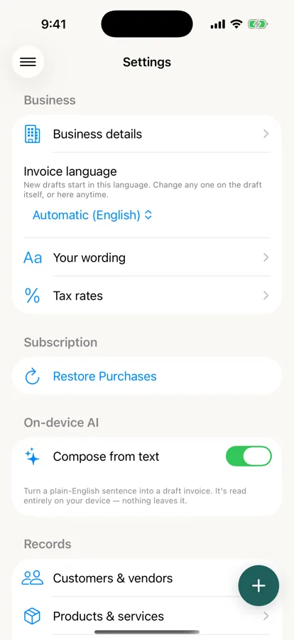 The Settings screen on iPhone: business details, invoice language, wording, tax rates, subscription, on-device AI, and records.