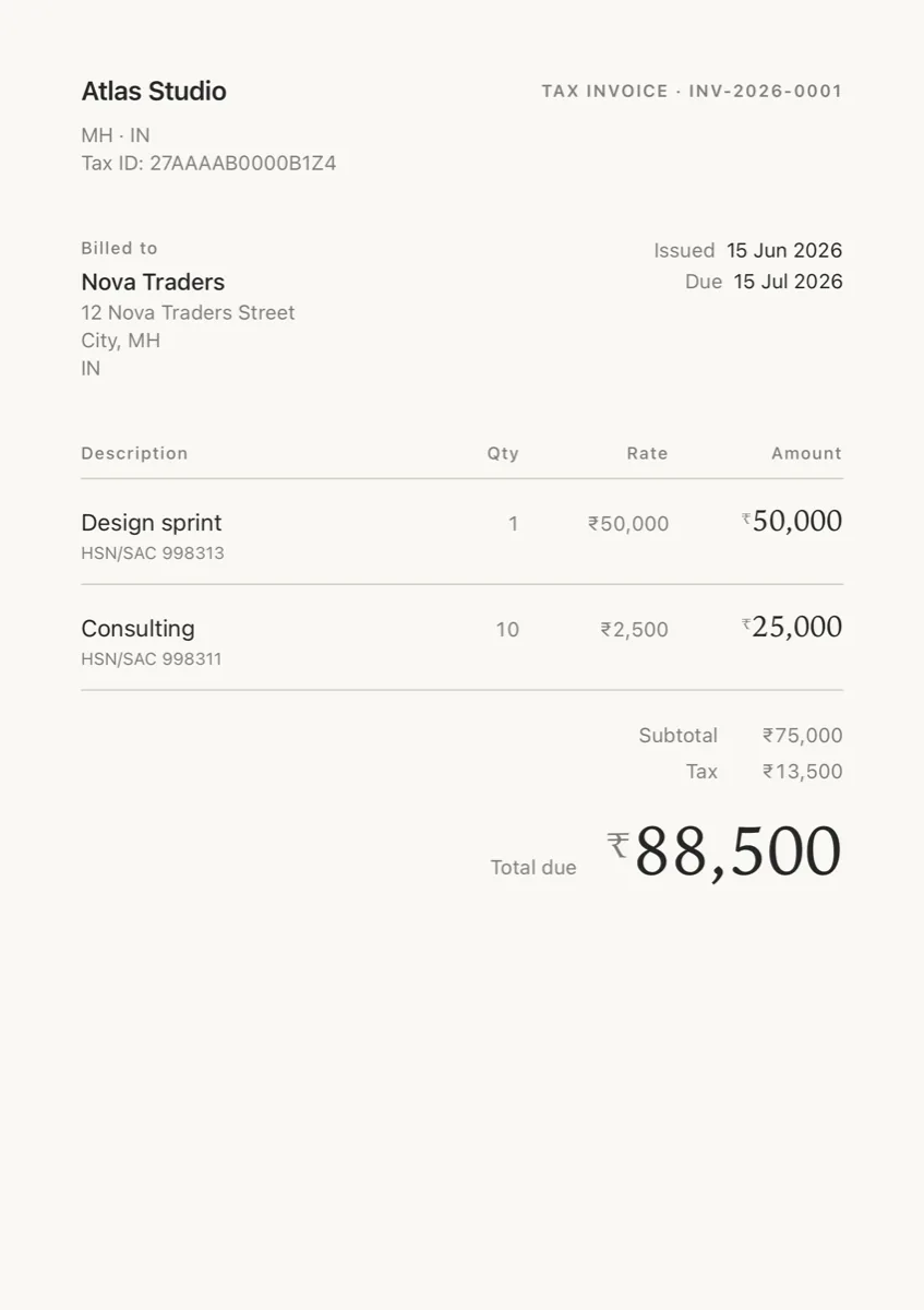 A GST tax invoice for an Indian business, headed Tax Invoice, with an HSN/SAC code under each line and rupee amounts.