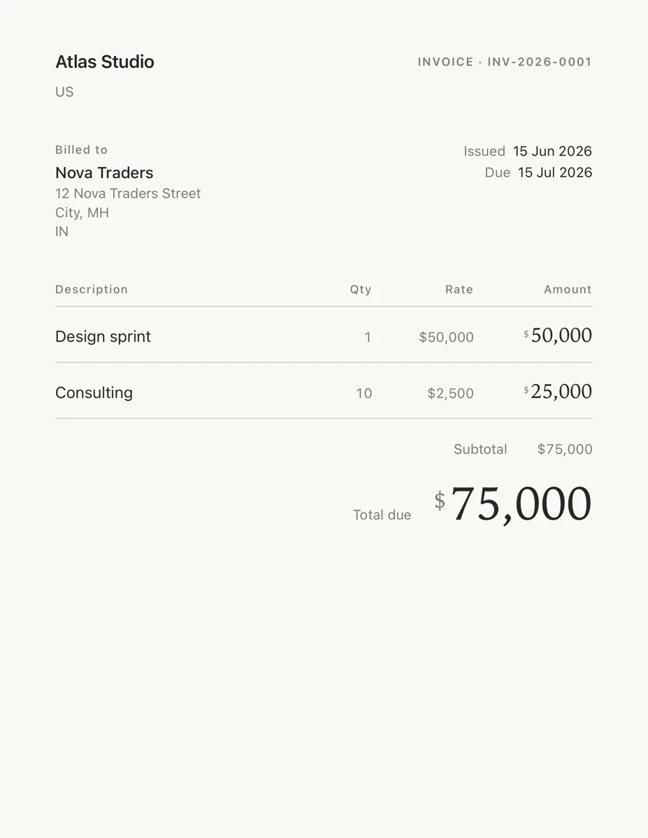 A finished Ochre invoice on US Letter, Editorial template.